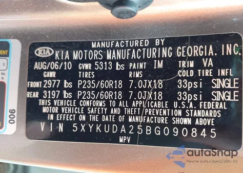 2011 Kia Sorento Ex V6 из США, поврежденный, VIN 5XYKUDA25BG090845